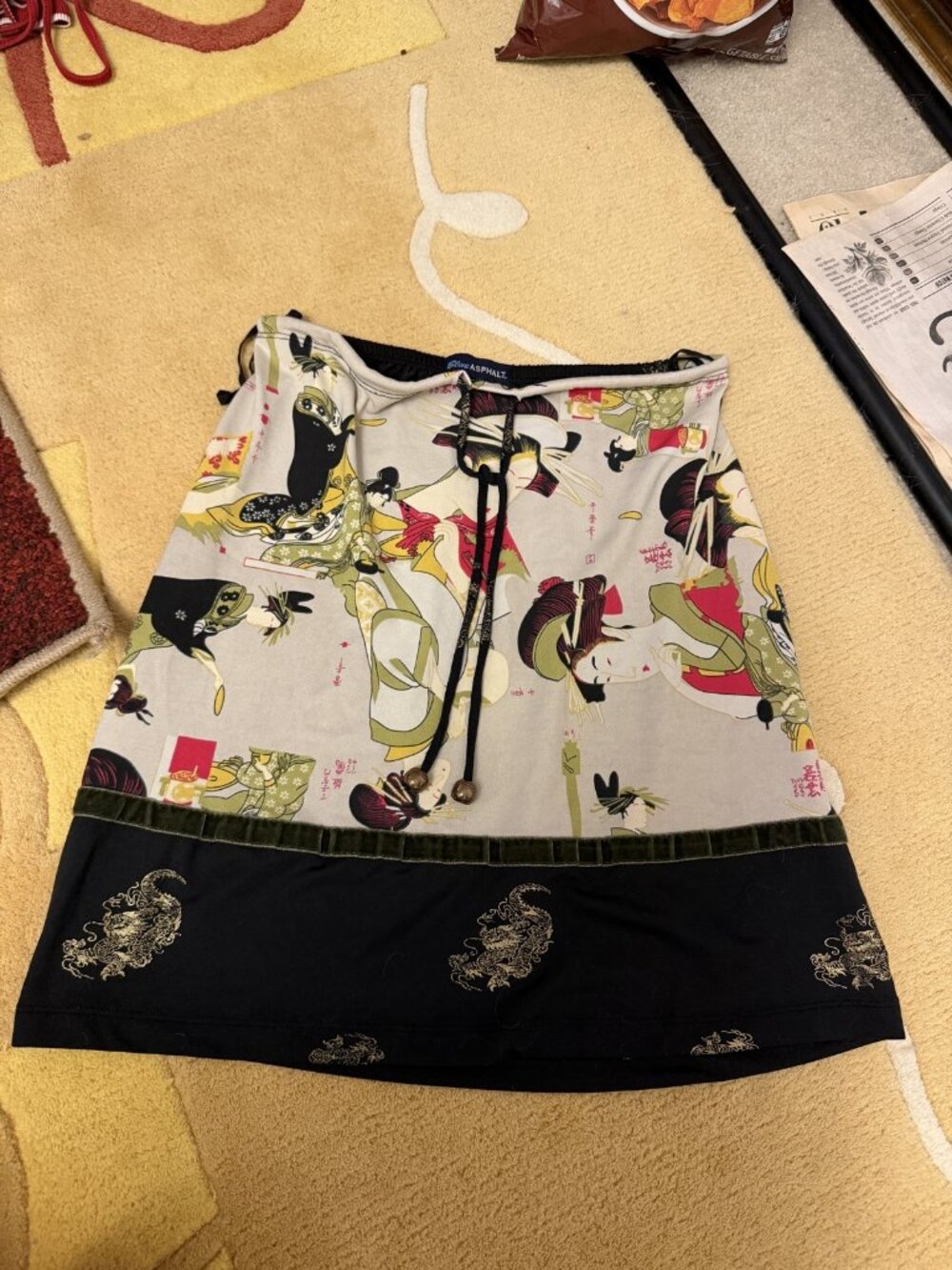 Vintage Y2K Blue Asphalt Geisha Print Mini Skirt - Wear as Tube Top